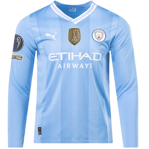 Puma Manchester City Akanji Home Long Sleeve Jersey w/ Champions League + Club World Cup Patches 23/24 (Team Light Blue/Puma White)