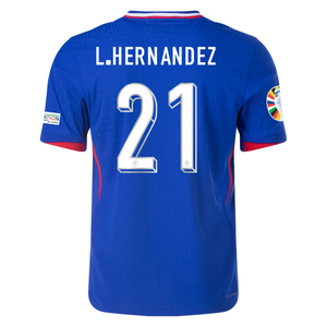 Nike Mens France Authentic Lucas Hernandez Match Home Jersey w/ Euro 2024 Patches 24/25 (Bright Blue/University Red)