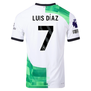 Nike Liverpool Authentic Luis Diaz Match Away Jersey w/ EPL + No Room For Racism Patches 23/24 (White/Green Spark)