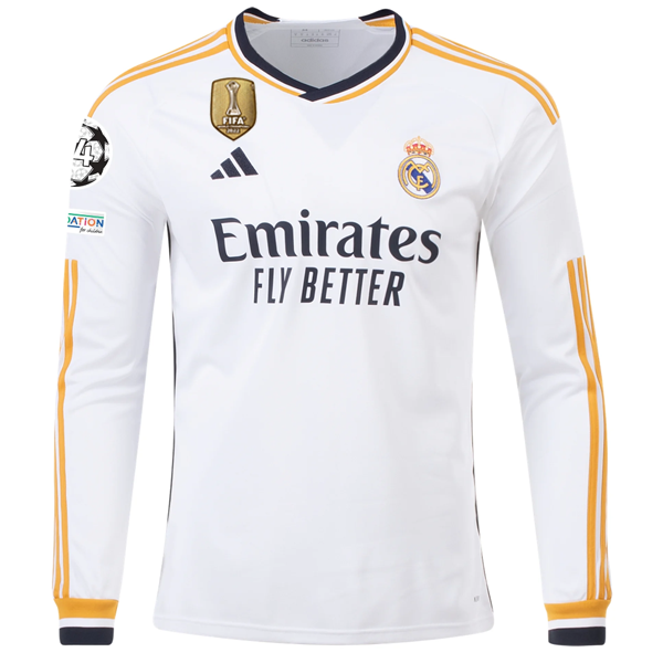 adidas Real Madrid Long Sleeve Ordiozola Home Jersey w Champions League Club World Cup Patches 23 24 White