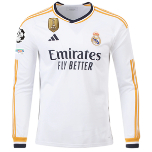 adidas Real Madrid Long Sleeve Tchouameni Home Jersey w/ Champions League + Club World Cup Patches 23/24 (White)