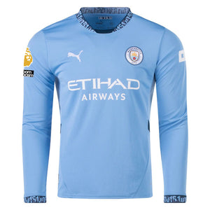 Puma Manchester City Erling Haaland Home Long Sleeve Jersey w/ EPL + No Room For Racism Patch 24/25 (Team Light/Marine Blue)