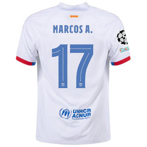 Nike Barcelona Marcos Alonso Away Jersey w/ Champions League Patches 23/24 (White/Royal Blue)