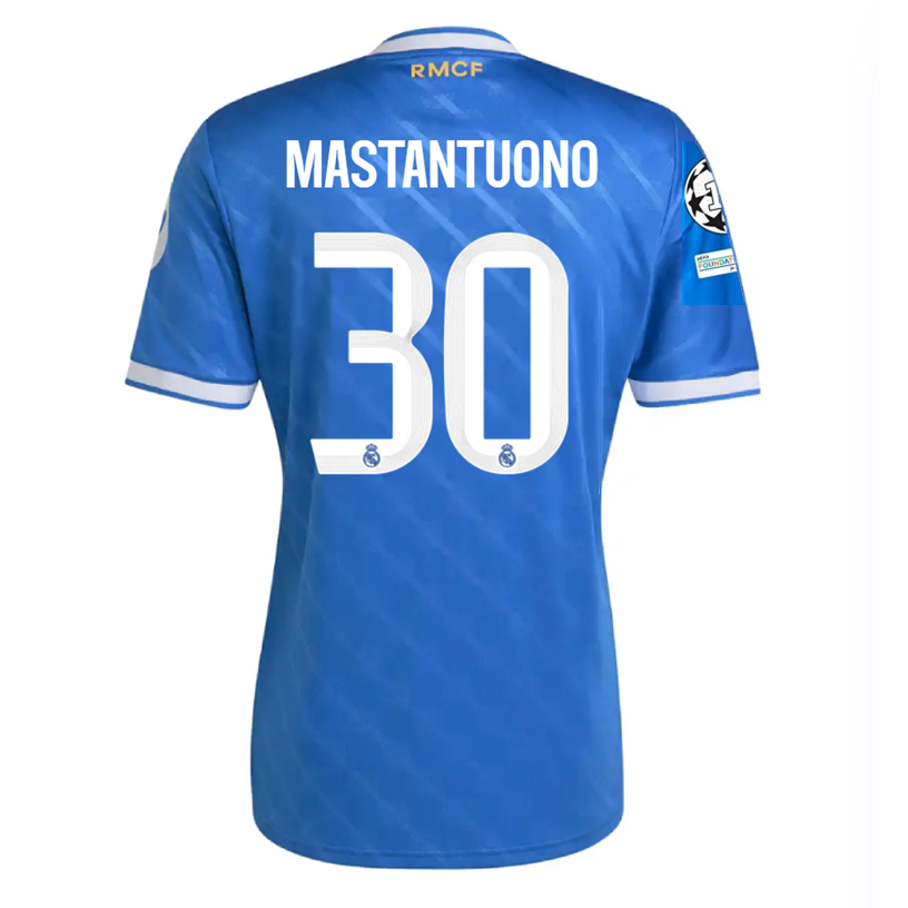 adidas Mastantuono Men's Real Madrid Third Jersey 25/26 w/ Champions League Patches (Blue/White)