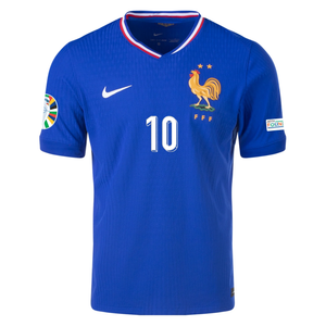 Nike Mens France Authentic Kylian Mbappe Match Home Jersey w/ Euro 2024 Patches 24/25 (Bright Blue/University Red)