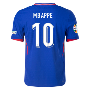 Nike Mens France Authentic Kylian Mbappe Match Home Jersey w/ Euro 2024 Patches 24/25 (Bright Blue/University Red)