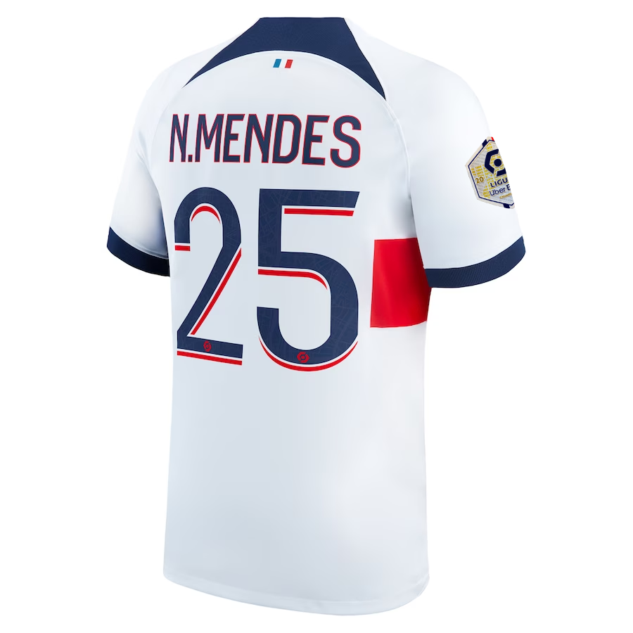 Nike Paris Saint-Germain Nuno Mendes Away Jersey w/ Ligue 1 Patch 23/24 (White/Midnight Navy)
