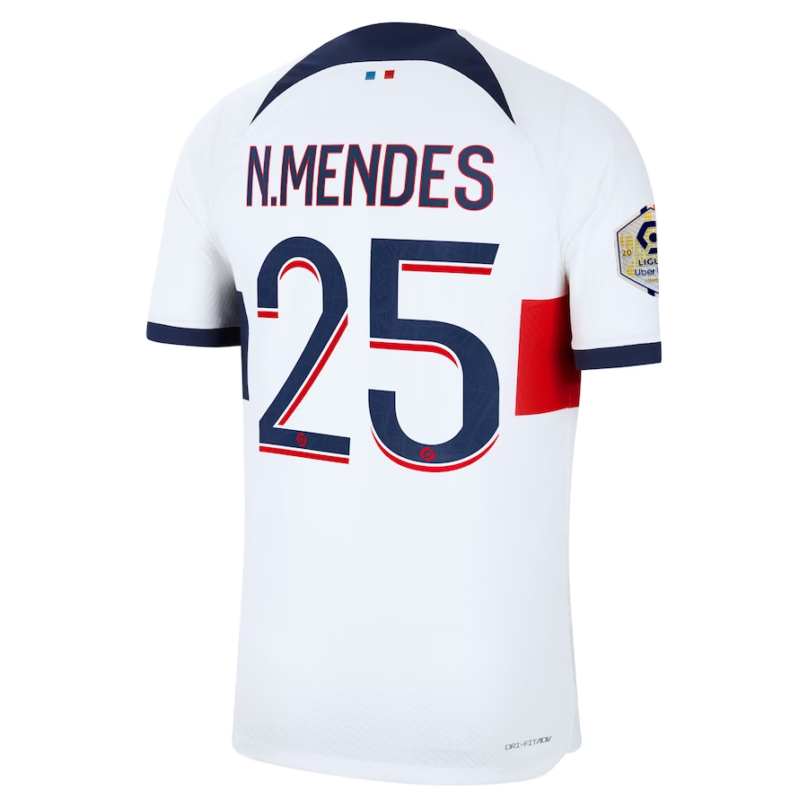 Nike Paris Saint-Germain Authentic Nuno Mendes Match Vaporknit Away Jersey w/ Ligue 1 Patch 23/24 (White/Midnight Navy)