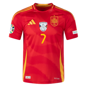 adidas Mens Spain Authentic Alvaro Morata Home Jersey w/ Nations League Champion + Euro 2024 Patches 24/25 (Better Scarlet)