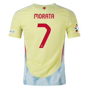 adidas Mens Spain Alvaro Morata Away Jersey w/ Nations League Champion + Euro 2024 Patches 24/25 (Pulse Yellow/Halo Mint)