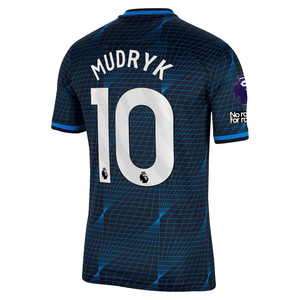 Nike Chelsea Mykhailo Mudryk Away Jersey w/ EPL + No Room For Racism Patches 23/24 (Soar/Club Gold)