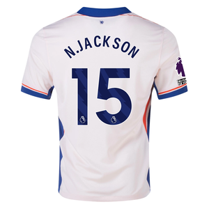 Nike Chelsea Nicolas Jackson Away Jersey w/ EPL + No Room For Racism Patches 24/25 (Guava Ice/Rush Blue)