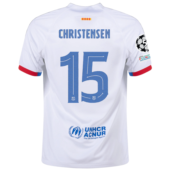 Nike Barcelona Andreas Christensen Away Jersey w/ Champions League Patches 23/24 (White/Royal Blue) | SoccerWearhouse
