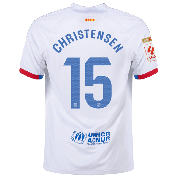 Nike Barcelona Andreas Christensen Away Jersey w/ La Liga Champions Patches 23/24 (White/Royal Blue) | SoccerWearhouse