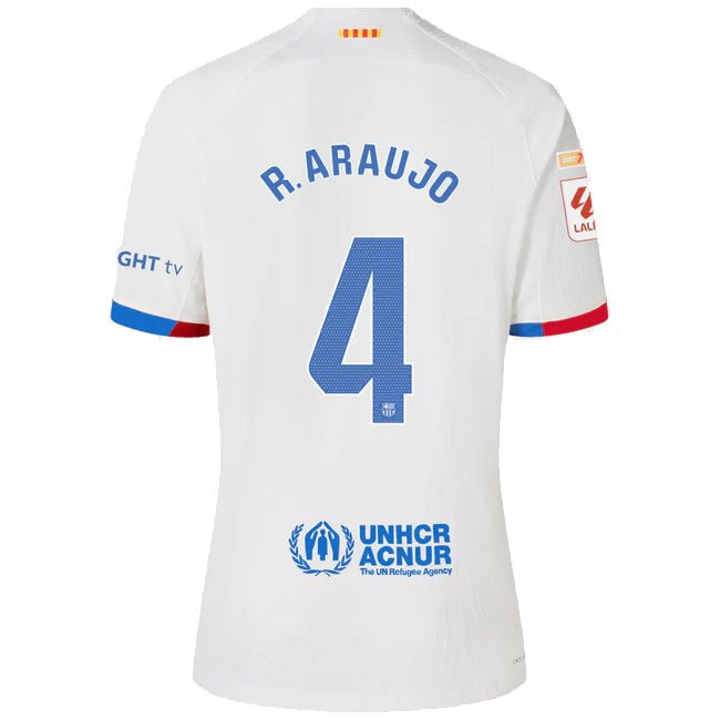 Nike Barcelona Araujo Authentic Match Away Jersey 23/24 w/ LaLiga Patches (White/Royal Blue) | SoccerWearhouse