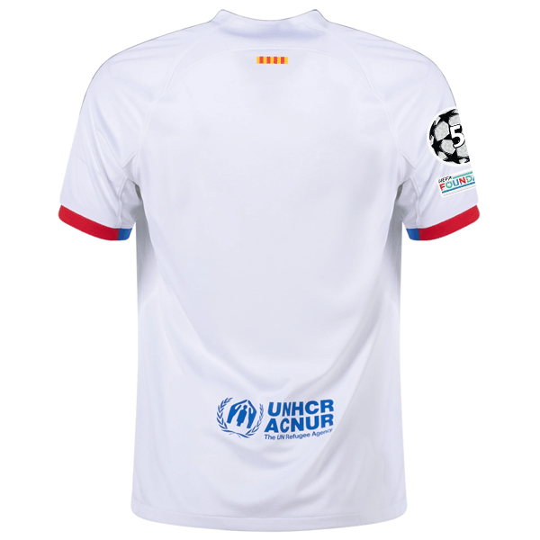 Nike Barcelona Away Jersey w/ Champions League Patches 23/24 (White/Royal Blue) | SoccerWearhouse