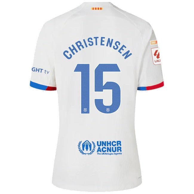 Nike Barcelona Christensen Authentic Match Away Jersey 23/24 w/ LaLiga Patches (White/Royal Blue) | SoccerWearhouse