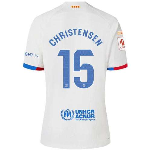 Nike Barcelona Christensen Authentic Match Away Jersey 23/24 w/ LaLiga Patches (White/Royal Blue) - S
