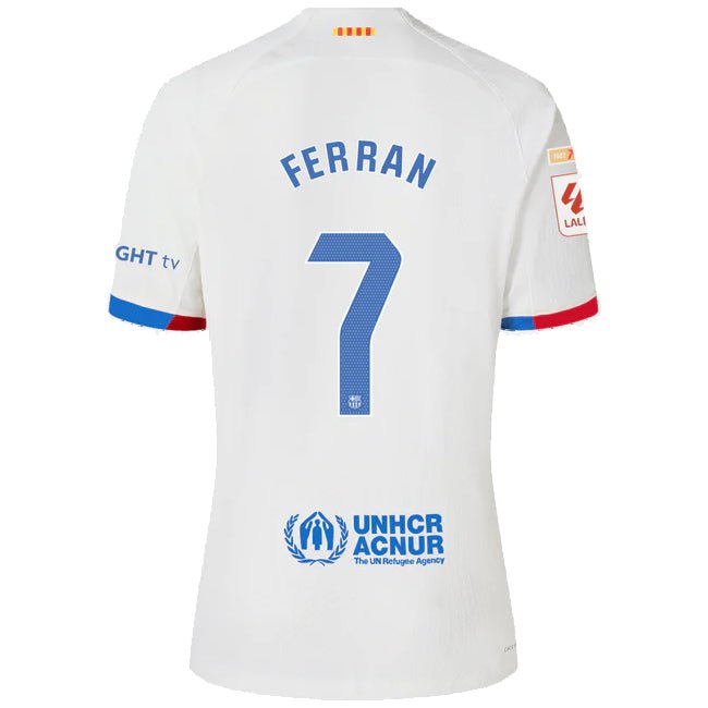 Nike Barcelona Ferran Authentic Match Away Jersey 23/24 w/ LaLiga Patches (White/Royal Blue) | SoccerWearhouse