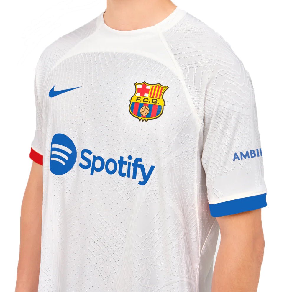 Nike Barcelona Frenkie De Jong Authentic Match Away Jersey 23/24 w/ LaLiga Patches (White/Royal Blue) | SoccerWearhouse