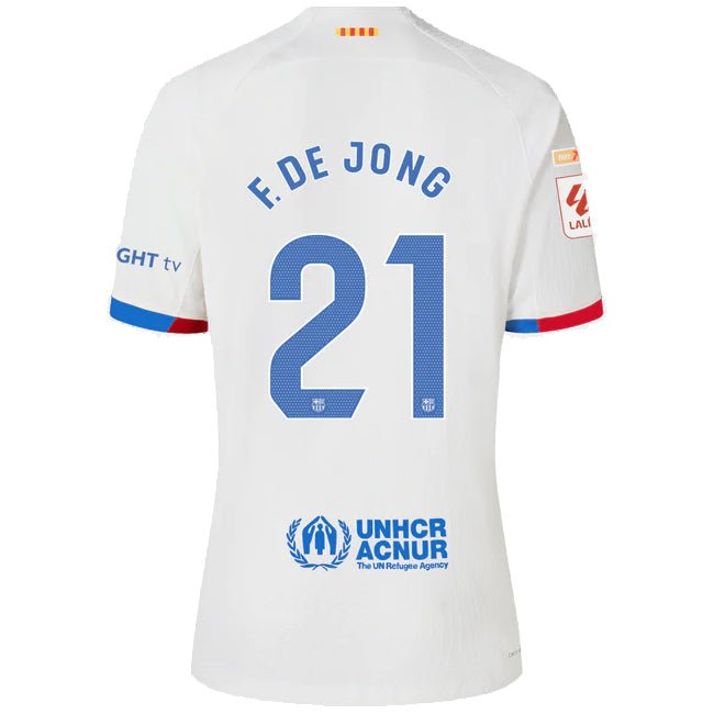 Nike Barcelona Frenkie De Jong Authentic Match Away Jersey 23/24 w/ LaLiga Patches (White/Royal Blue) | SoccerWearhouse