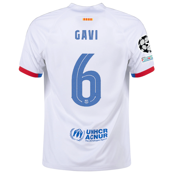 Nike Barcelona Gavi Away Jersey w/ Champions League Patches 23/24 (White/Royal Blue) | SoccerWearhouse