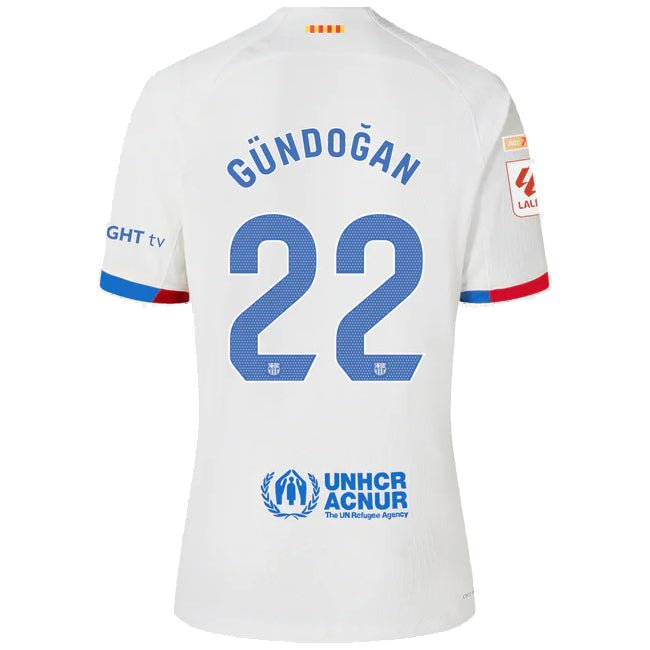 Nike Barcelona Gundogan Authentic Match Away Jersey 23/24 w/ LaLiga Patches (White/Royal Blue) | SoccerWearhouse