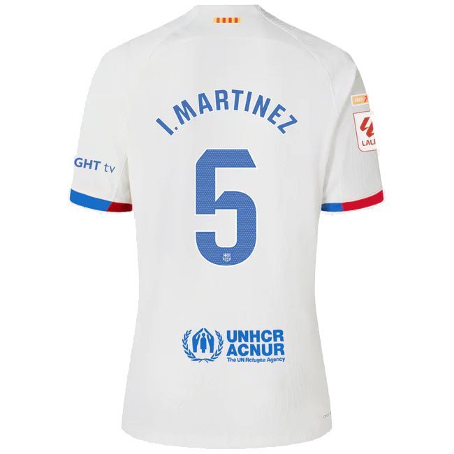 Nike Barcelona I. Martinez Authentic Match Away Jersey 23/24 w/ LaLiga Patches (White/Royal Blue) | SoccerWearhouse