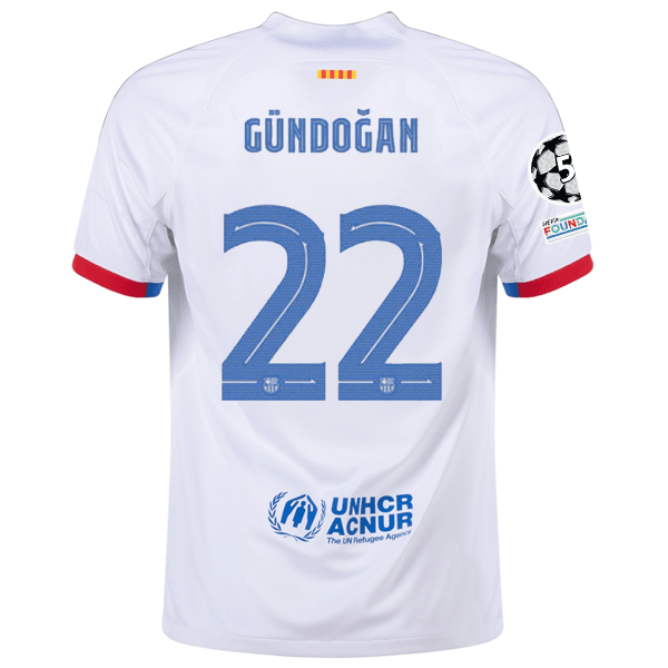Nike Barcelona İlkay Gündoğan Away Jersey w/ Champions League Patches 23/24 (White/Royal Blue) | SoccerWearhouse