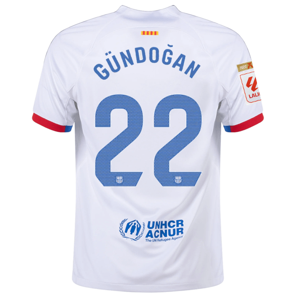 Nike Barcelona İlkay Gündoğan Away Jersey w/ La Liga Champions Patches 23/24 (White/Royal Blue) | SoccerWearhouse