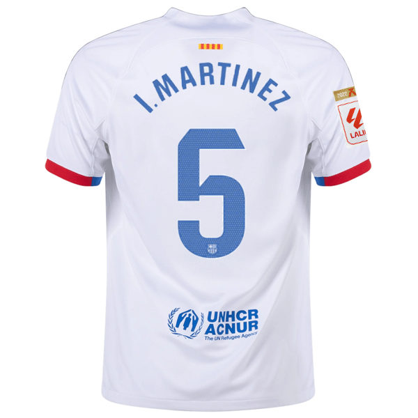 Nike Barcelona Iñigo Martinez Away Jersey w/ La Liga Champions Patches 23/24 (White/Royal Blue) | SoccerWearhouse