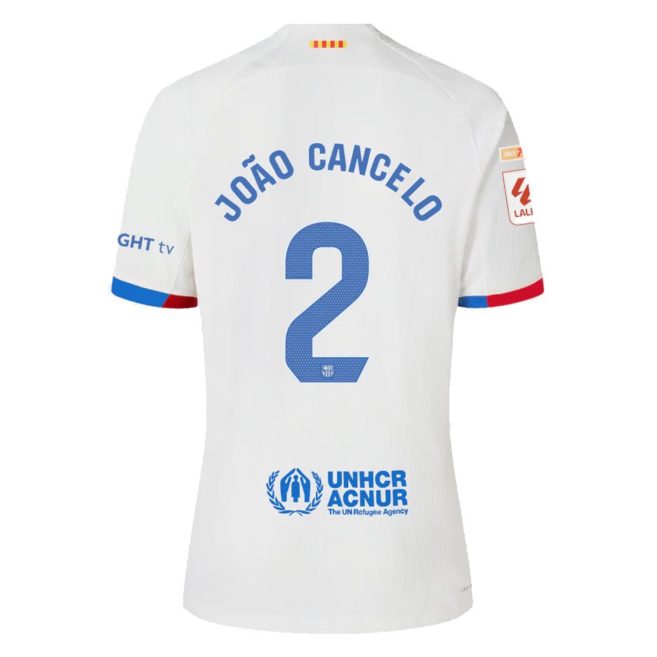 Nike Barcelona João Cancelo Authentic Match Away Jersey 23/24 w/ LaLiga Patches (White/Royal Blue) | SoccerWearhouse