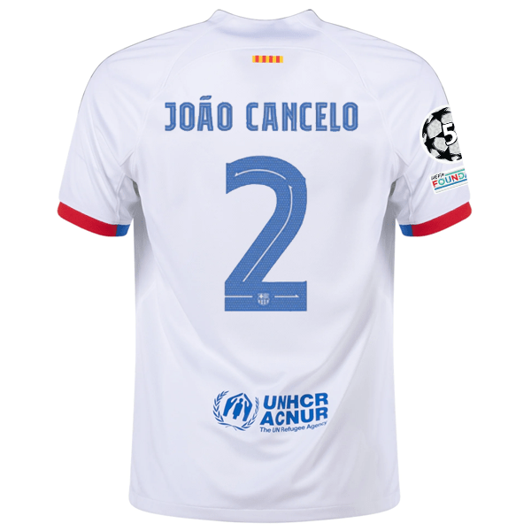 Nike Barcelona João Cancelo Away Jersey w/ Champions League Patches 23/24 (White/Royal Blue) | SoccerWearhouse