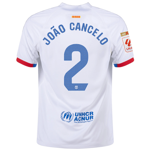 Nike Barcelona João Cancelo Away Jersey w/ La Liga Champions Patches 23/24 (White/Royal Blue) - XXL