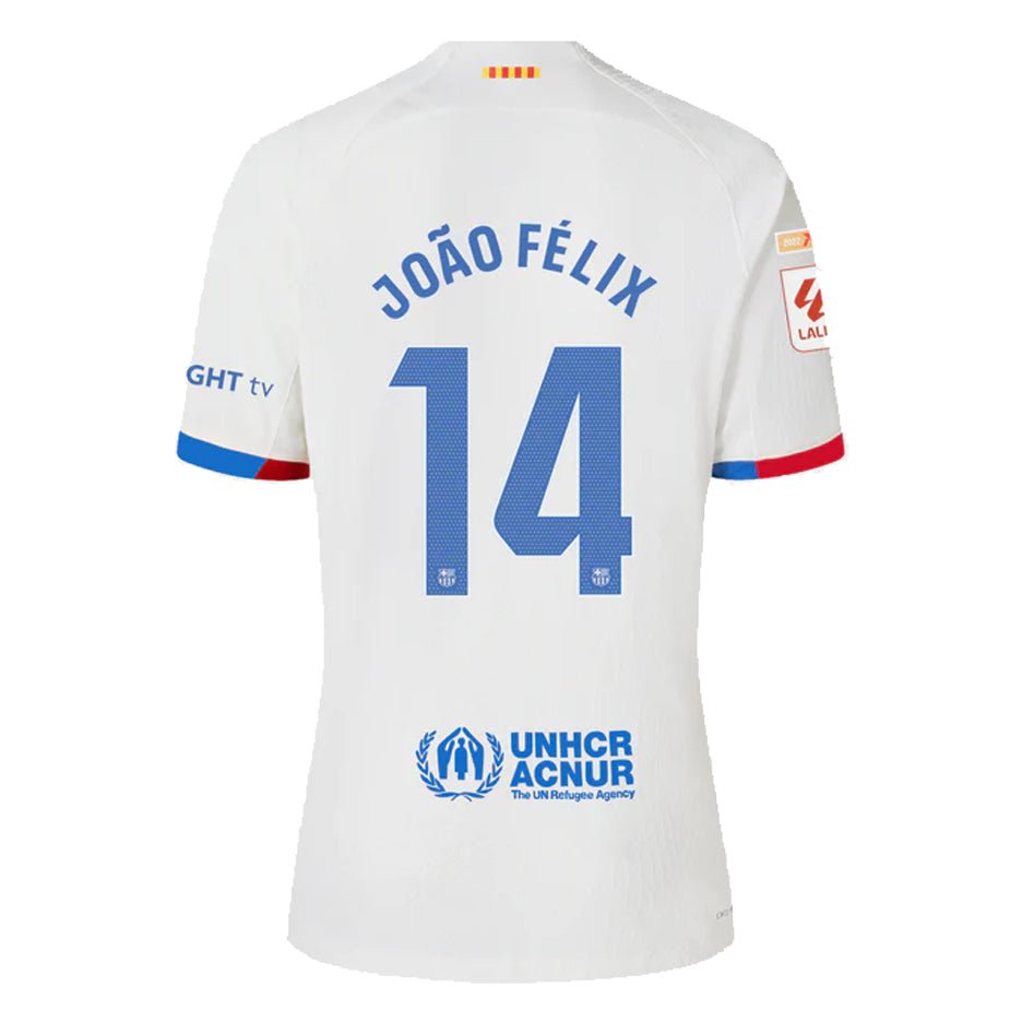 Nike Barcelona Joao Felix Authentic Match Away Jersey 23/24 w/ LaLiga Patches (White/Royal Blue) | SoccerWearhouse