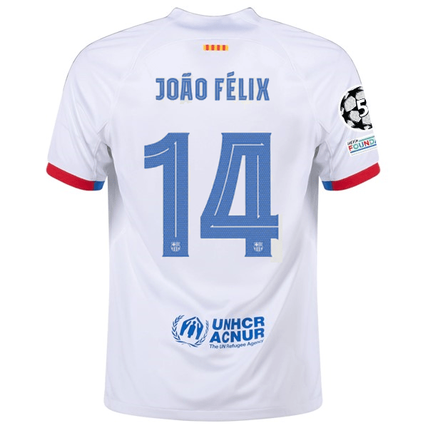 Nike Barcelona João Félix Away Jersey w/ Champions League Patches 23/24 (White/Royal Blue) | SoccerWearhouse