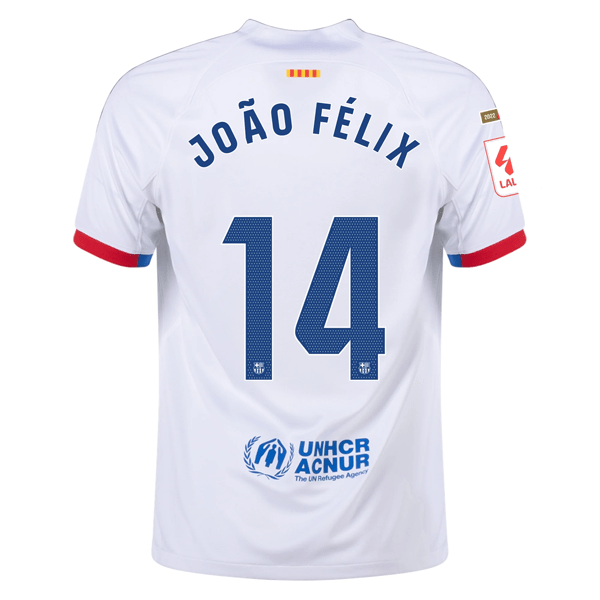 Nike Barcelona João Félix Away Jersey w/ La Liga Champions Patches 23/24 (White/Royal Blue) | SoccerWearhouse