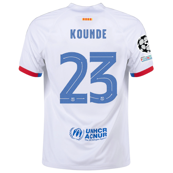 Nike Barcelona Jules Kounde Away Jersey w/ Champions League Patches 23/24 (White/Royal Blue) | SoccerWearhouse