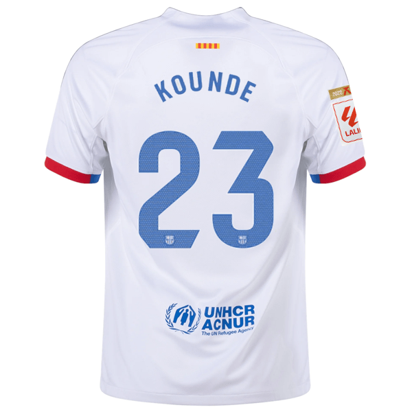 Nike Barcelona Jules Kounde Away Jersey w/ La Liga Champions Patches 23/24 (White/Royal Blue) | SoccerWearhouse