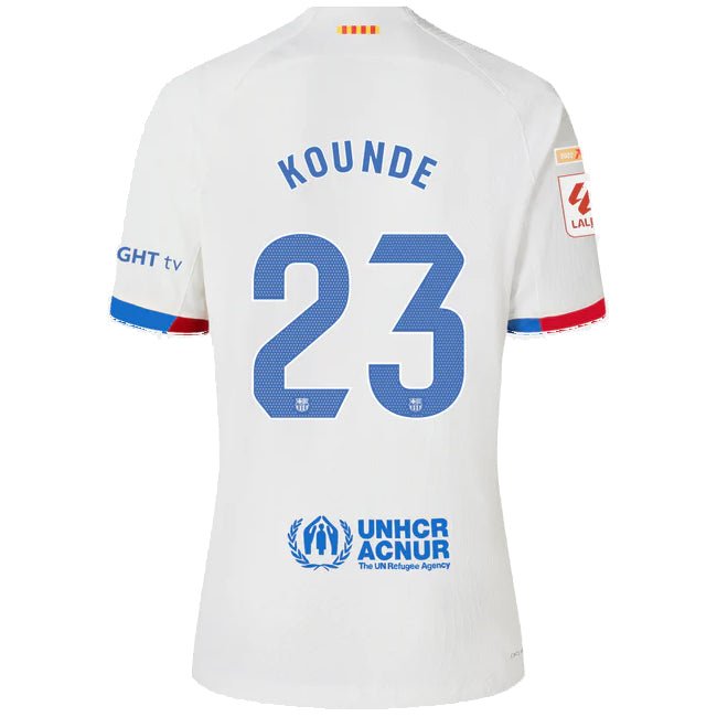 Nike Barcelona Kounde Authentic Match Away Jersey 23/24 w/ LaLiga Patches (White/Royal Blue) | SoccerWearhouse