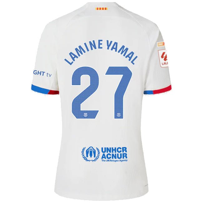 Nike Barcelona Lamine Yamal Authentic Match Away Jersey 23/24 w/ LaLiga Patches (White/Royal Blue) | SoccerWearhouse