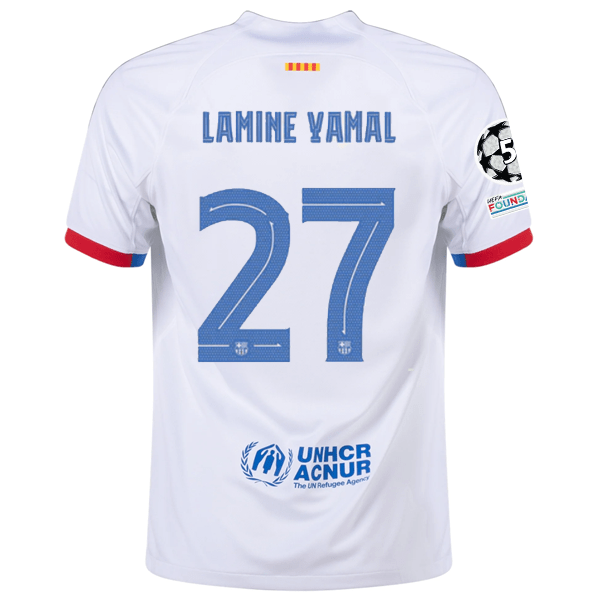 Nike Barcelona Lamine Yamal Away Jersey w/ Champions League Patches 23/24 (White/Royal Blue) | SoccerWearhouse