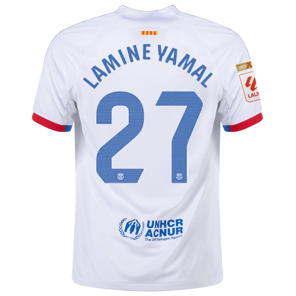 Nike Barcelona Lamine Yamal Away Jersey w/ La Liga Champions Patches 23/24 (White/Royal Blue) | SoccerWearhouse