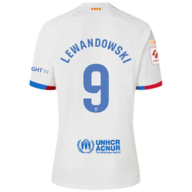 Nike Barcelona Lewandowski Authentic Match Away Jersey 23/24 w/ LaLiga Patches (White/Royal Blue) | SoccerWearhouse