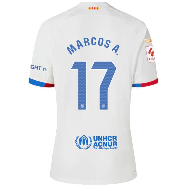Nike Barcelona Marcos Alonso Authentic Match Away Jersey 23/24 w/ LaLiga Patches (White/Royal Blue) | SoccerWearhouse