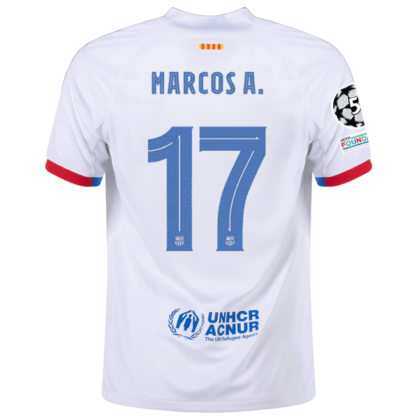 Nike Barcelona Marcos Alonso Away Jersey w/ Champions League Patches 23/24 (White/Royal Blue) | SoccerWearhouse