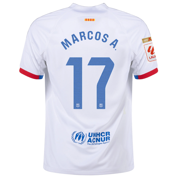 Nike Barcelona Marcos Alonso Away Jersey w/ La Liga Champions Patches 23/24 (White/Royal Blue) | SoccerWearhouse