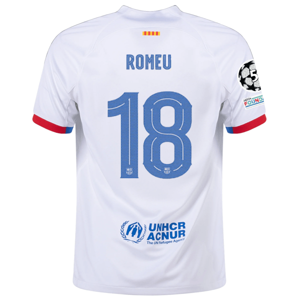 Nike Barcelona Oriol Romeu Away Jersey w/ Champions League Patches 23/24 (White/Royal Blue) | SoccerWearhouse
