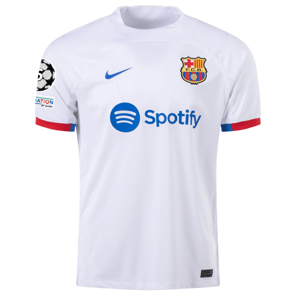 Nike Barcelona Oriol Romeu Away Jersey w/ Champions League Patches 23/24 (White/Royal Blue) | SoccerWearhouse
