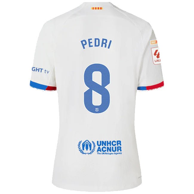 Nike Barcelona Pedri Authentic Match Away Jersey 23/24 w/ LaLiga Patches (White/Royal Blue) | SoccerWearhouse